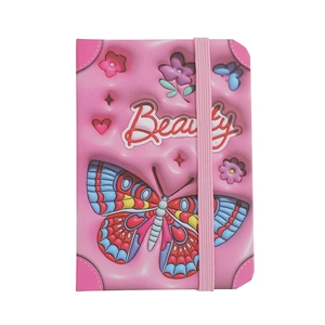 Detail showing pink butterfly mini notebook with elastic strap and 3D textured cover