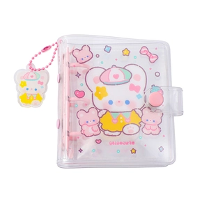 Pink transparent PVC 3-hole mini photo album binder with cute bear and acrylic charm