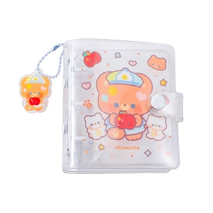 Detail of transparent PVC 3-hole mini binder with cute bear pattern and acrylic pendant