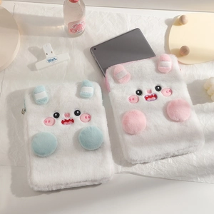 Cartoon plush tablet sleeve with devil ear design and soft faux fur texture for iPad