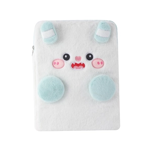 Detailed close-up of fluffy cartoon monster plush sleeve with blue ears and zipper