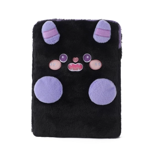 Detail of cute black plush demon tablet sleeve showing purple embroidery and soft faux fur