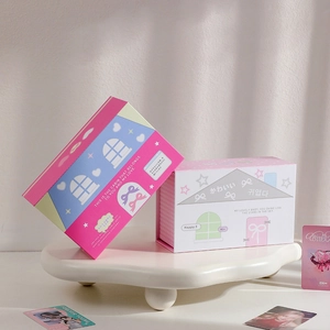 Cute house-shaped card storage box in pink and blue for desktop organizing