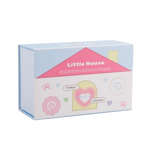 Nahaufnahme der Aufbewahrungsbox in Häuschenform mit rosa Deckel und blauen Streifen