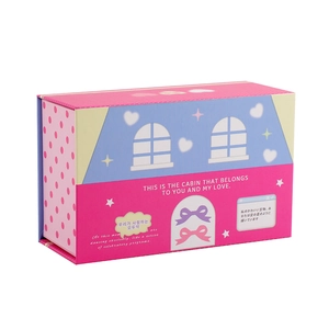 Detailansicht der Pastell-Aufbewahrungsbox mit Hausdesign, Herzdetails und Punkten
