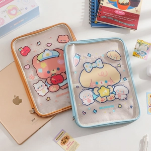 Cartoon transparent iPad sleeve with cute animal patterns and mesh pocket storage