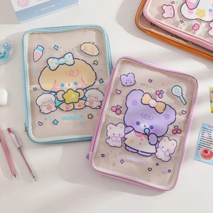 Cute transparent cartoon bear and dog 11-inch iPad sleeve in blue and purple mesh
