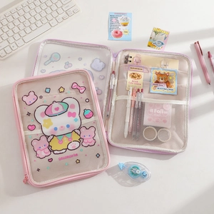 Detail of cute bear tablet sleeve with transparent mesh pockets and binder ring organization