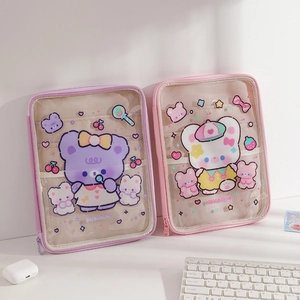 Cartoon bear transparent 11-inch iPad storage sleeve with mesh pocket for students