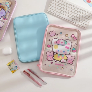 Detailed set of cute pink transparent bear iPad case and blue leather storage sleeve