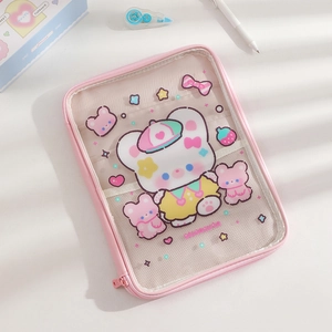 Pink cartoon iPad bag detail with transparent PVC window and internal mesh compartments