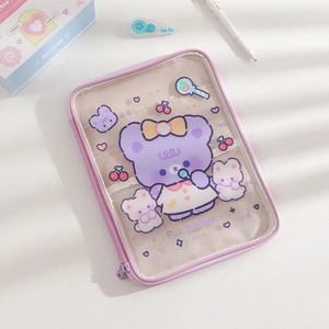 Detail of purple cartoon bear tablet sleeve with transparent PVC and mesh texture