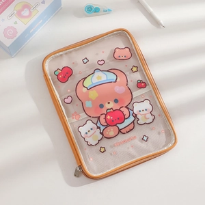 Detailed view of cute cartoon tablet sleeve featuring pink bear patterns and mesh pockets