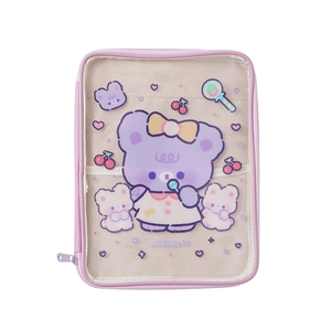 Purple cartoon tablet case with cute bears and transparent PVC pocket for iPad