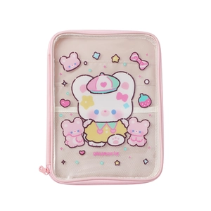 Close-up of pink cartoon iPad sleeve with transparent window and cute bear patterns