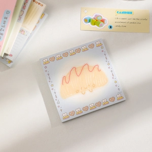 Close-up of square cartoon notepad featuring cute bread illustrations for student notes