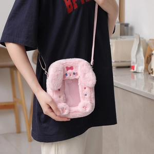 Graziosa borsa a tracolla in peluche a forma di coniglio rosa con finestra trasparente