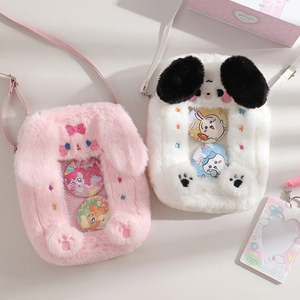 Simpatiche borse a tracolla in peluche con finestra trasparente e badge dei personaggi
