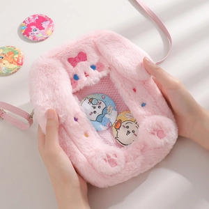 Borsa ita in peluche a forma di coniglio rosa con finestra trasparente e orecchie