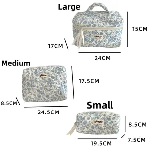 Three sizes of floral quilted organizers with measurements for travel and makeup storage