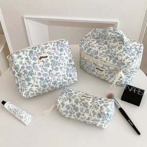 Floral Quilted Cotton Makeup Bag Handheld Large Capacity Toiletry Travel Storage Organizer Pouch For Women Girls