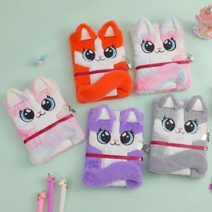 Detail of plush cat notebooks in five colors featuring 3D ears and metal locks