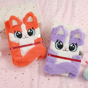 Cute plush cat diary set with heart lock and sequins on pink starry background
