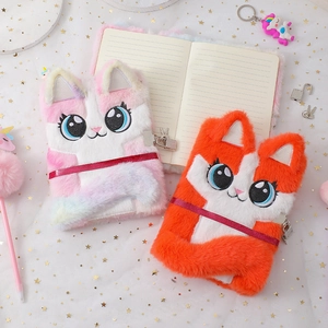 Cute plush cat diary with lock and keys in purple and orange faux fur styles