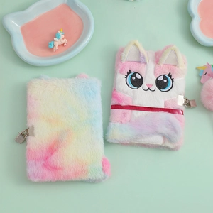 Detail of plush cat notebook with heart lock and soft rainbow fur texture