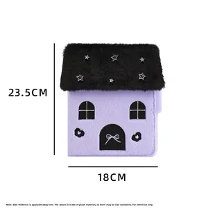 Detail view of plush house-shaped photo album in light purple showing size specifications