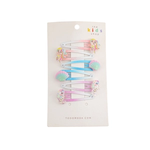Set di 6 fermagli glitterati per bambine con sirena e conchiglia su scheda espositiva
