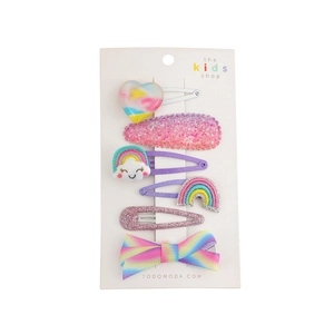 Set dettagliato di 6 fermagli per capelli unicorno glitter con arcobaleno per bambine