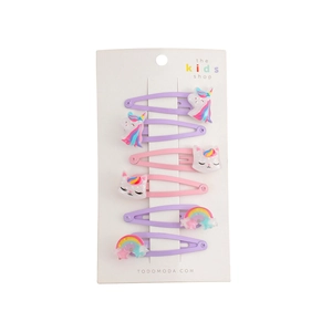 Vista dettagliata del set di 6 fermagli per capelli con unicorno e arcobaleno