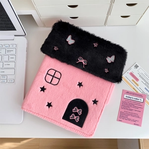 Detail of A5 plush house binder with pink black contrast and fine butterfly embroidery