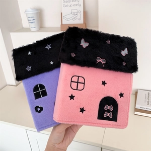 Cute house-shaped plush photo album binder with star embroidery in pink and purple colors