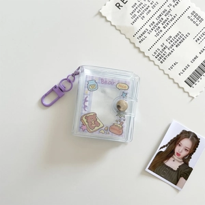 Mini transparent PVC photo album keychain with purple bear card and metal snap