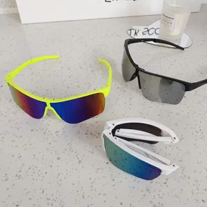 Detail of foldable kids sports sunglasses showing three colors and reflective lenses