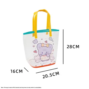 Detailed size view of cartoon bear PVC tote bag measuring 28x20.5x16cm with yellow straps