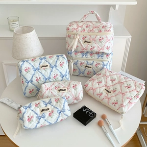 Trousse De Maquillage En Coton Matelassé À Fleurs Nœud Sac De Toilette Organisateur Portable Pour Femmes Filles