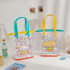 Cute PVC transparent tote bag set with cartoon bear print and colorful leather handles