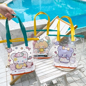 Cartoon bear waterproof mesh beach bag made of transparent PVC with colorful handles