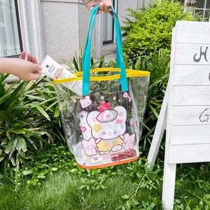 Cartoon bear printed transparent mesh beach bag with large capacity for outdoor travel use
