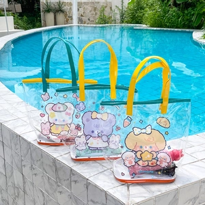 Cartoon bear waterproof PVC beach tote bag with mesh bottom for swimming and travel
