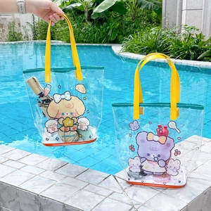 Detail of cartoon bear beach bags with mesh bottom and clear PVC waterproof texture
