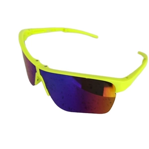 Foldable kids sports sunglasses with neon yellow frame and vibrant rainbow mirror lenses