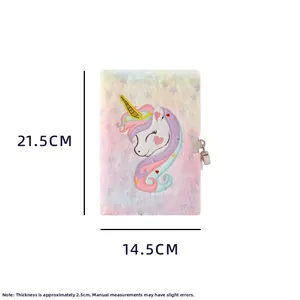 Detail view of plush unicorn diary showing dimensions 21.5x14.5cm and silver metal lock