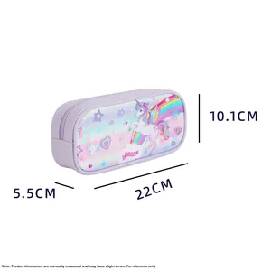 Detail showing dimensions 22cm x 10.1cm of the purple unicorn rainbow pencil case
