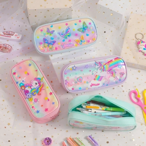 Detail of unicorn pencil cases with glitter liquid sand texture and colorful gradient design