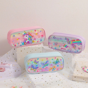 Cute unicorn pencil cases in pink, purple and blue with glittery rainbow details
