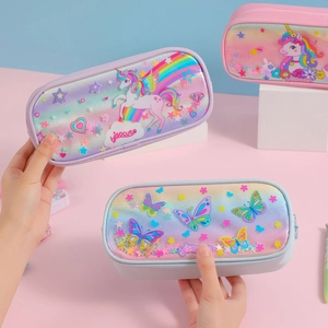 3D unicorn and rainbow cartoon pencil cases in shimmering pastel macaron colors